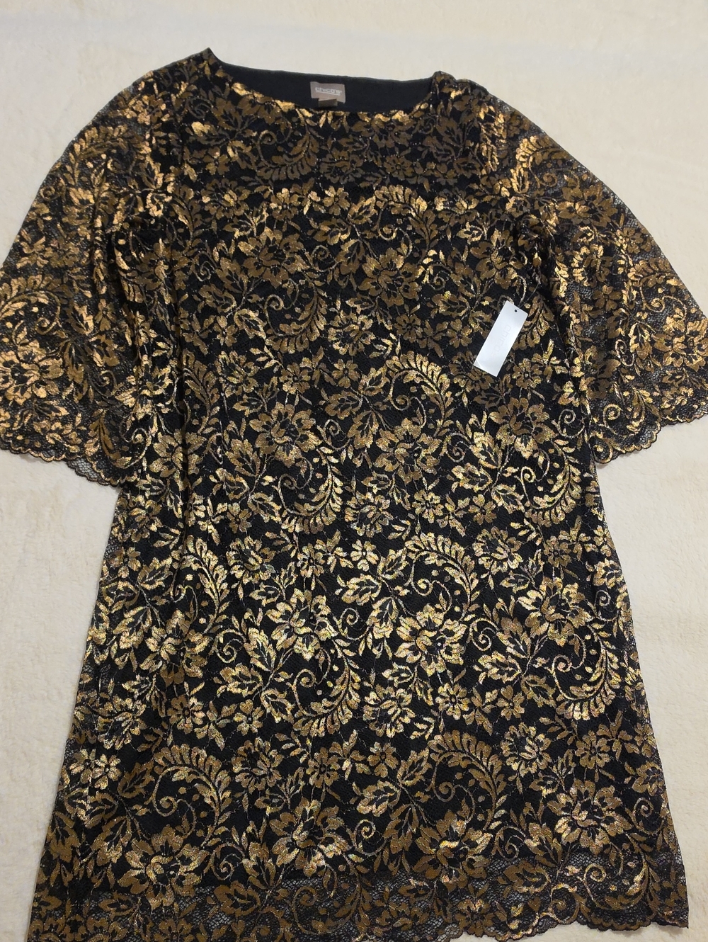 NWT CHICOS SIZE 1 Elegant Black & Gold Lace Overlay Dress